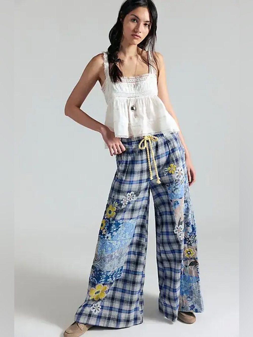 NWT Brooks Embroidered Wide-Leg Patchwork Pants ~Ivory~